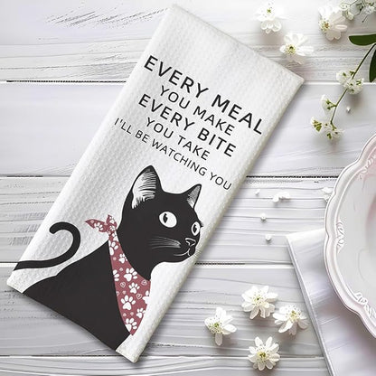Cat Kitchen Towels - Quick-Dry 'Culinary Watchdog' Cat Hand Towels Observant Black Feline Art, Decorative Dish Towel for Amused Pet Moms | Whimsical Home Accent & Humorous Dining Companion Gift