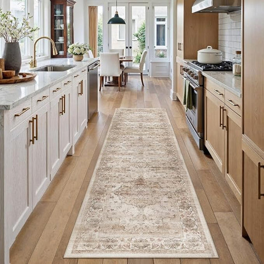 Washable Runner Rug 2x8 for Hallway Beige Vintage Long Carpet Soft Low Pile Non Slip Throw Rug Floral Distressed Accent Rug for Entryway Bathroom Office Laundry Dining Room