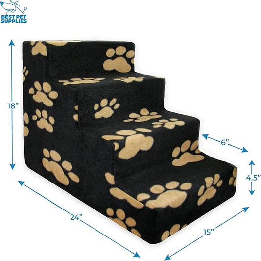 Best Pet Supplies Dog Stairs & Steps - Foam Steps for Small Dogs & Cats, Non-Slip Indoor Balanced Pet Step Support, Dog Ramp, No Assembly, Paw Print on Black, 4-Step (18-inch Height)