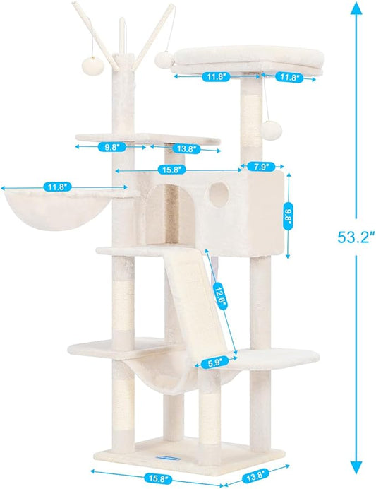 Hey-brother Cat Tree, 53 inch Cat Tower for Indoor Cats, Cat House with Padded Platform Bed, Toy Balls, Large Cozy Condo, Hammocks and Sisal Scratching Posts, Beige MPJ019-SM