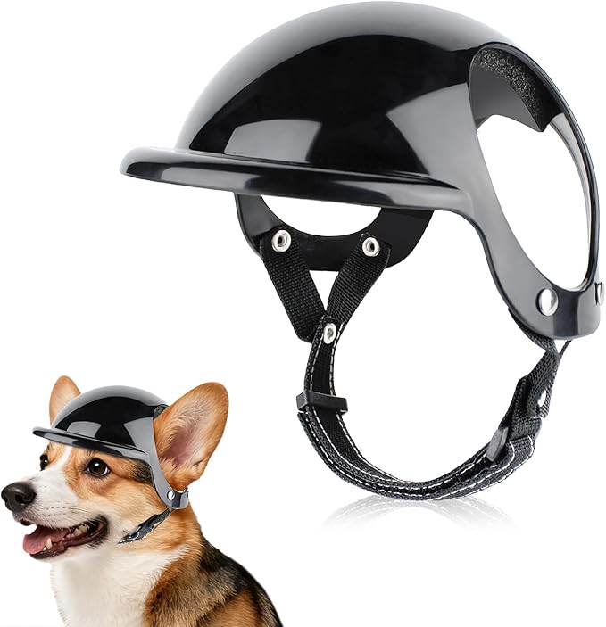 Small Dog Helmet with Ear Holes - Adjustable, Lightweight, Hard Black Pet Helmet for Outdoor Activities/Motorcycle/Bike
