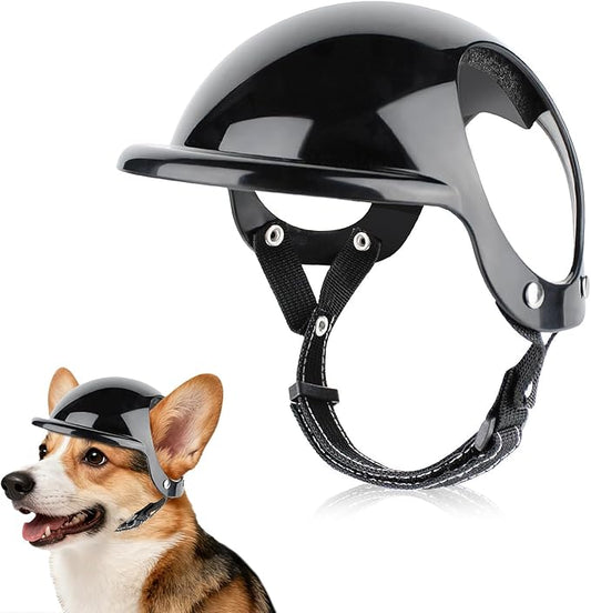 Small Dog Helmet with Ear Holes - Adjustable, Lightweight, Hard Black Pet Helmet for Outdoor Activities/Motorcycle/Bike