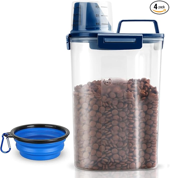 Upgraded Dog Food Storage Container Small, Cat Food Container Airtight, Pet Food Container Dispenser with Pour Spout, Measuring Cup and 4 Seal Buckles for Dogs, Cats, Birds (Blue)