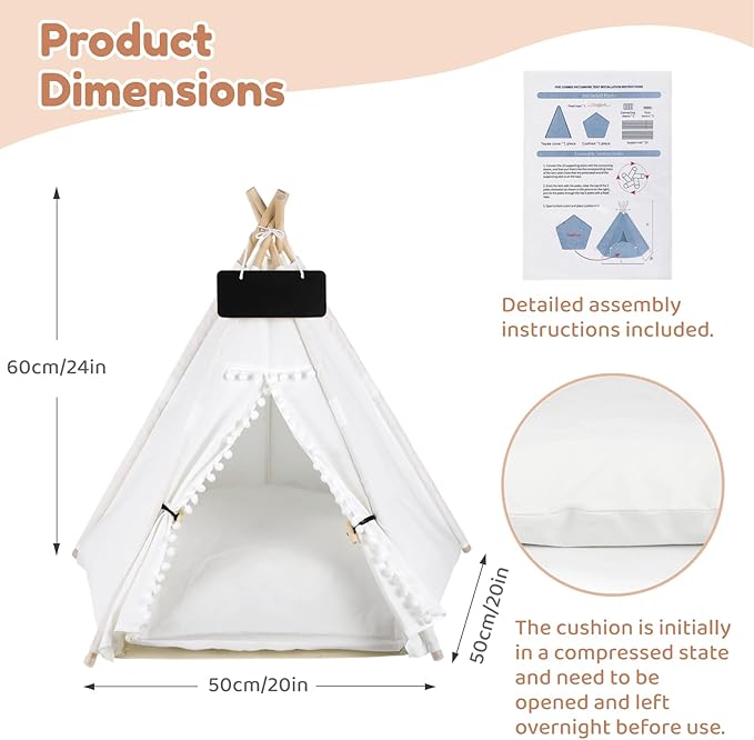 Pet Teepee for Cats Dogs - 20 x20 x 24in Cat Teepee with Thick Cushion for Cats Dogs Rabbits, Washable Dog Tent with Blackboard, Indoor Pet House for Puppies, White