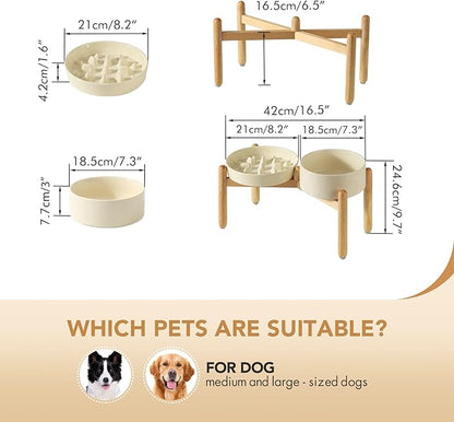 Ceramic Raised Slow Feeder Dog Bowl Set, Elevated 7.3inch Bowl and 8.2inch Slow Pet Food Dish with Wooden Stand for Medium and Large Dog (2 x Beige+ Stand)