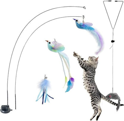 Cat Toys Interactive Hands-Free 8 Pack Cat Toys for Indoor Cats Toy Wand Natural Bird Feather,Hanging Door Lure Kitten Toy, Suction Cup Pet Indoor Dancing Playing Toys, Suction Cup Pet Playing