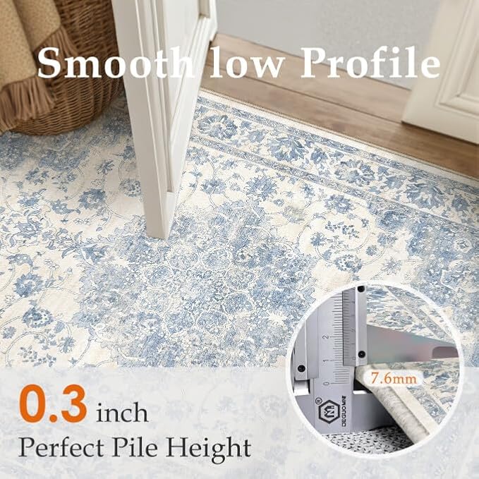 Washable Runner Rug 2x8 for Hallway Blue Vintage Long Carpet Soft Low Pile Non Slip Throw Rug Floral Distressed Accent Rug for Entryway Bathroom Office Laundry Dining Room
