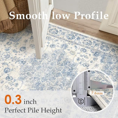 Washable Runner Rug 2x8 for Hallway Blue Vintage Long Carpet Soft Low Pile Non Slip Throw Rug Floral Distressed Accent Rug for Entryway Bathroom Office Laundry Dining Room