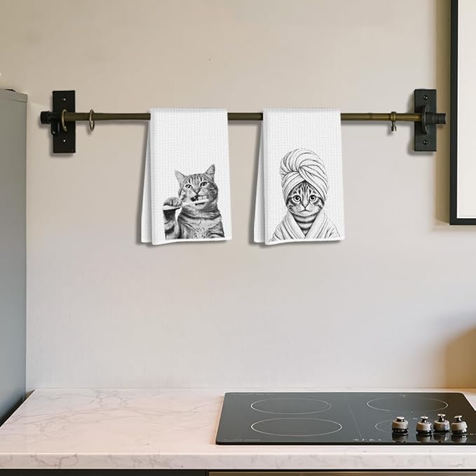 Hanamiya Na 2 Pcs Cute Cat Gifts Hand Towels 24x14 Inch, Funny Cats Gift Reusable Dish Towels for Kitchen Decor, Waffle Weave Absorbent Hand Cloth Tea Towel, Cat Lover Gifts for Women Mom Friend