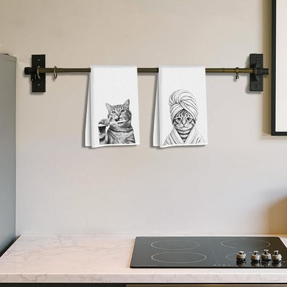 Hanamiya Na 2 Pcs Cute Cat Gifts Hand Towels 24x14 Inch, Funny Cats Gift Reusable Dish Towels for Kitchen Decor, Waffle Weave Absorbent Hand Cloth Tea Towel, Cat Lover Gifts for Women Mom Friend