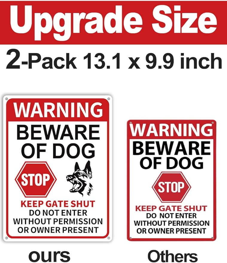 2 Pack Beware of Dog Signs, 13x9.9 inch Reflective Tin Sign Beware of Dog for Fence, Do Not Enter Sign Great for Garden and Yard Wall Decor
