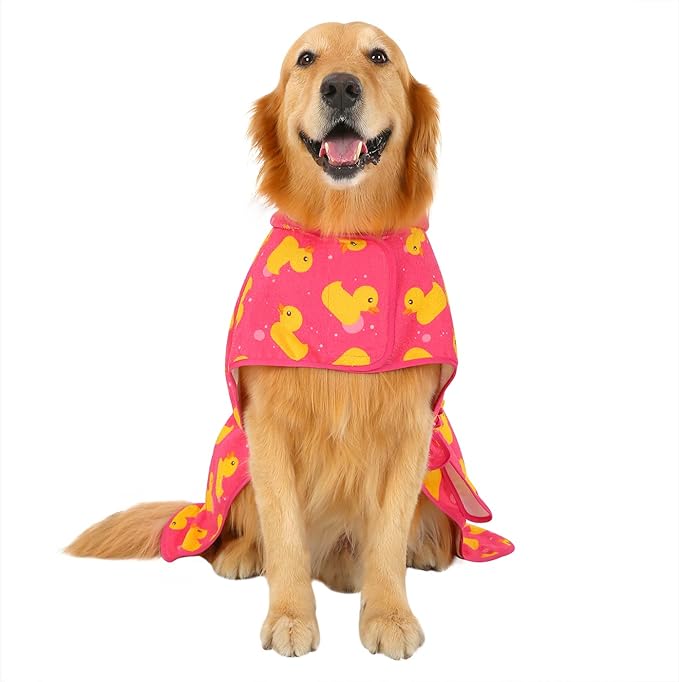 HDE Dog Bathrobe Super Absorbent Quick Drying Puppy Towel Wrap Coat Adjustable After Bath Robes with Hood for Dog Sizes S-XXL Pink Rubber Ducks L
