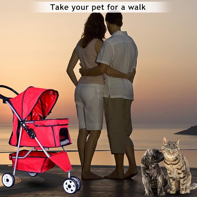Dkeli 3-Wheel Pet Stroller, Lightweight Foldable Dog Stroller for Small Medium Dogs & Cats, Breathable Mesh & Weather Cover with Storage Basket, for Daily Walk Outdoor Travel (Red)