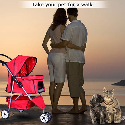 Dkeli 3-Wheel Pet Stroller, Lightweight Foldable Dog Stroller for Small Medium Dogs & Cats, Breathable Mesh & Weather Cover with Storage Basket, for Daily Walk Outdoor Travel (Red)