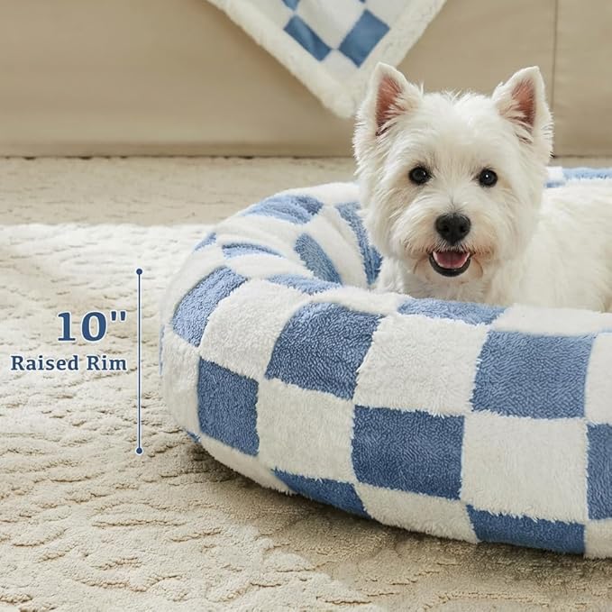 Checkered Dog Bed, Cute Blue Retro Style Aesthetic Round Warming Pet Calming Beds for Small Dog and Cats, Plush Cozy Donut Dog Beds Washable, 30" L x 30" W x 8" Th