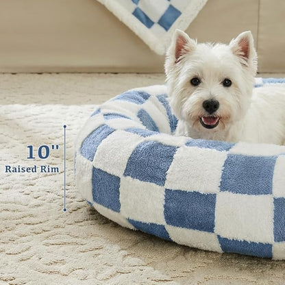Checkered Dog Bed, Cute Blue Retro Style Aesthetic Round Warming Pet Calming Beds for Small Dog and Cats, Plush Cozy Donut Dog Beds Washable, 30" L x 30" W x 8" Th