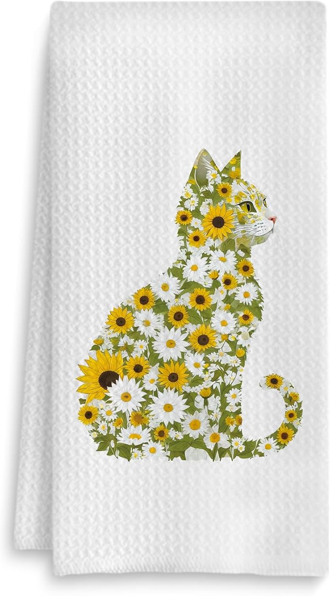 Daisy Floral Cat Kitchen Towel, Floral Cat Hand Towel for Bathroom Decor, Kitten Dish Tea Towel for Kitchen Decor, Pet Gifts for Kitten Lovers Women Girls,