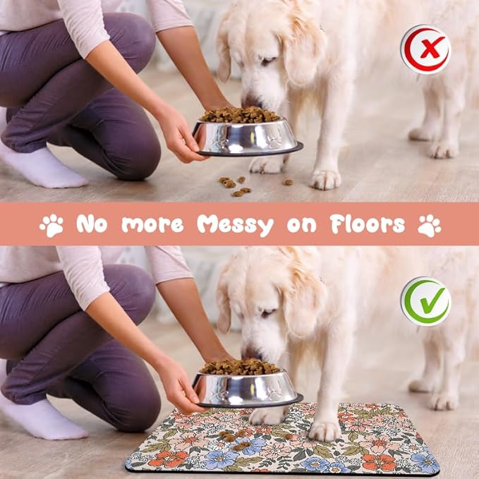 Dog Food Mats for Floors Waterproof, Cat Water Bowl Mats Pet Feeding Absorbent Placemats Flower 16 * 24 inch