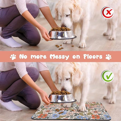 Dog Food Mats for Floors Waterproof, Cat Water Bowl Mats Pet Feeding Absorbent Placemats Flower 12 * 20 inch