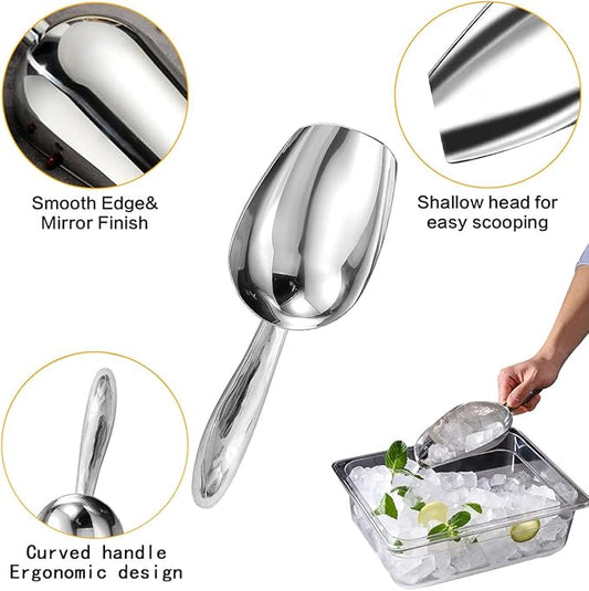 Metal Ice Scoop，Kitchen Ice Scooper for Ice Maker,Stainless Steel Small Ice Scooper for Freezer，Kitchen Gadgets Cookie Flour Pet Dog Food Scoop (Curved handle silver, 3oz)