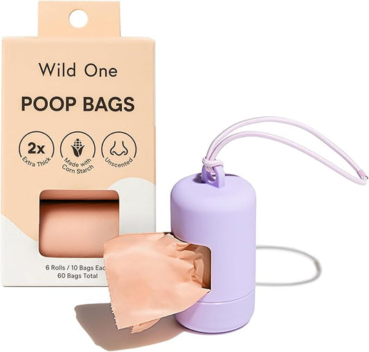 Wild One Dog Poop Bag Holder and Dispenser with Leash Attachment, Leak Proof, Easy Twist Top for Refills, Includes 1 Box Of Bags, Lilac