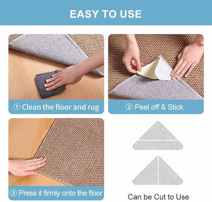 Rug Gripper Non Slip - Self Adhesive Rug Pads Grippers for Hardwood Floors and Tiles, Reusable Carpet Tape for Area Rugs, Cuttable Rug Stickers Keep Corners Flat (12x12cm)