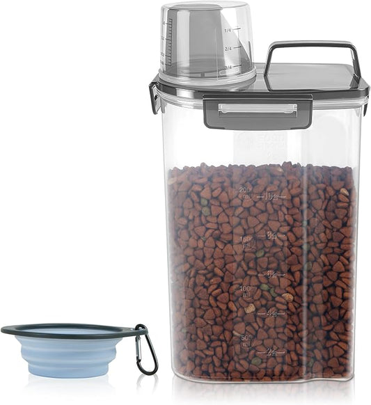 3-5Lbs/3Qt Dog Cat Food Storage Container With Foldable Bowl. Plastic Pet Food Dispenser for Small Animal Kibble/Pet Food/Bird Seed/Oatmeal/Rice/Flour/Brown Sugart/Cereals (Clear Black)