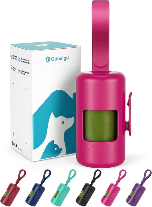 Gobeigo Dog Poop Bag Holder【Convenient Hook for Used Bags】【Silicone Strap Fits Any Leash】【Large Opening for Easy Dispensing】with 1 Roll Waste Bags (Hot Pink)