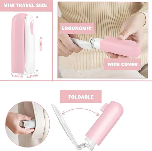 Mini Travel Lint Roller with 150 Sticky Sheets, Compact Portable Pet Hair Remover with Cover for Clothes, Travel, Small Foldable Lint Roller for Purse Car Bag Essentials (Pink)