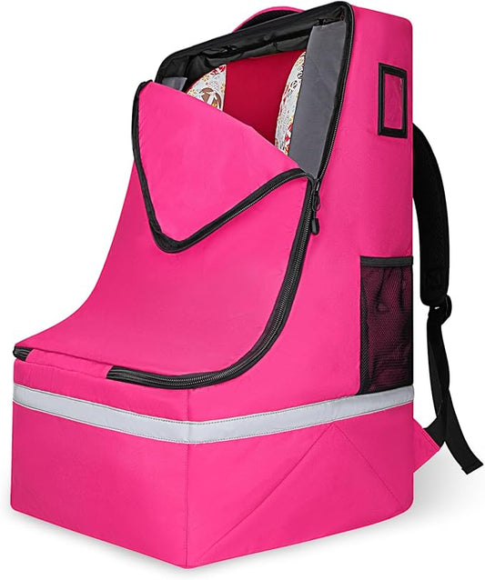 LARIPOP Car Seat Travel Bag for Airplane Gate Check Approved, Padded Backpack with Adjustable Straps, Reflective Strips & Protective Feet for Infant Convertible Booster Seats, Pink