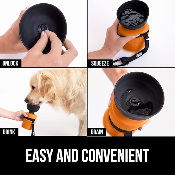 GORILLA GRIP Dog Water Bottle, Portable Water Bowl Dispenser for Dogs, 12 oz Leak Proof Pet Travel Squeeze Bottles, Food Grade Silicone, To Go Puppy Essentials, Hiking Camping Trip Accessories, Orange