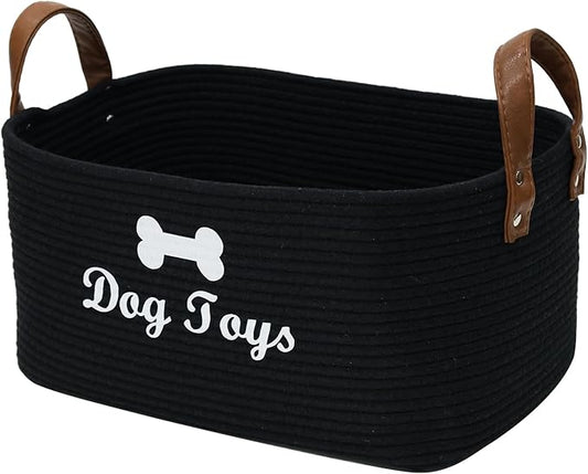 Geyecete X-Large Cotton Rope Dog Basket with Leather handle Blanket Storage Basket Decorative Clothes Hamper Basket | Extra Large Baskets for Blankets or Laundry-Black
