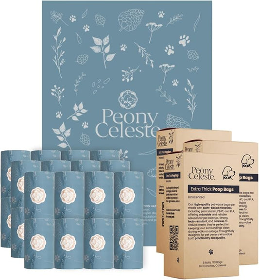 3 Pack 360 Bags Extra Thick Dog Waste Bags by Peony Celeste - Blue Stone Color, Leak-Resistant, Coreless, Unscented Pet Waste Bags, 9x13 Inches
