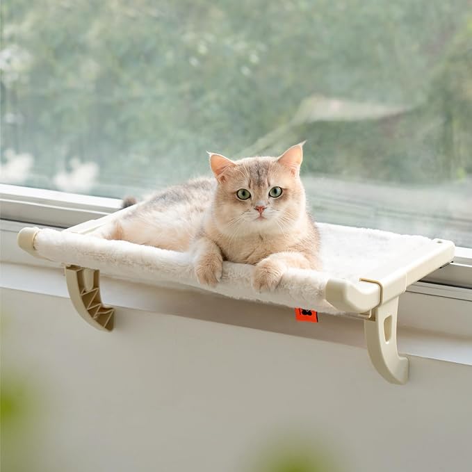 MEWOOFUN Window Sill Perch for Indoor Cats, One-Step Sliding Clamping Slot Adjustment Cat Hammock With Removable Covers, Bed for Windowsill & Bedside (Beige, Large)