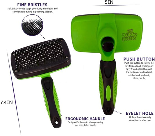 Tubby Potato™ Self Cleaning Slicker Brush - Deshedding Brush for Long and Short Haired Pets. Comfortable and Safe for Senitive Skin. Great for Dogs, Cats, and Other Small Animals- Green