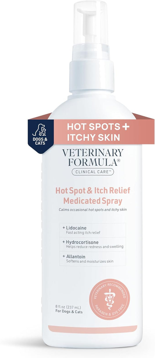Veterinary Formula Clinical Care Hot Spot & Itch Relief Medicated Spray, 8oz – Easy to Use Spray for Dogs & Cats – Helps Alleviate Sensitive Skin, Scratching, and Licking of Coat (1 Pack)