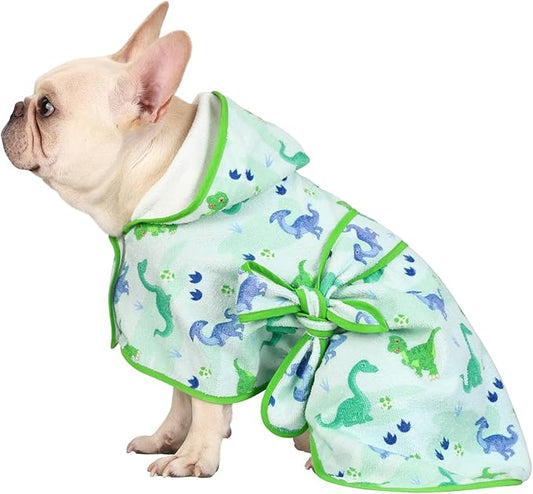 HDE Dog Bathrobe Super Absorbent Quick Drying Puppy Towel Wrap Coat Adjustable After Bath Robes with Hood for Dog Sizes S-XXL Cute Dinosaurs M