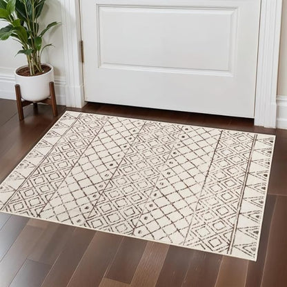 Small Rug 2x3 Washable - Moroccan Kitchen Area Rugs Low Pile Indoor Mat Non Slip with Rubber Backing Soft Area Rug Pet Friendly for for Entryway Front Door Bedroom 2x3 Geo Beige