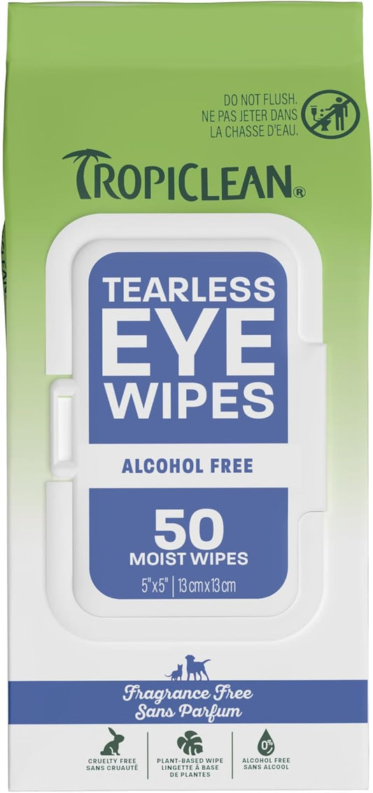 TropiClean Tearless Dog Eye Wipes, Dermatologist Approved Tear Stain Remover for Dogs & Cats, Gentle & Safe for Daily Use, Made in USA, 50ct.