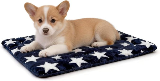 Washable Dog Bed Mat With Anti-Slip Bottom, Deluxe Plush Memory Foam Crate Pad & Waterproof Outdoor Kennel Mat For Dogs & Cats-Durable Crates Beds, Large Medium Small Puppy Size 24" x 18",Blue