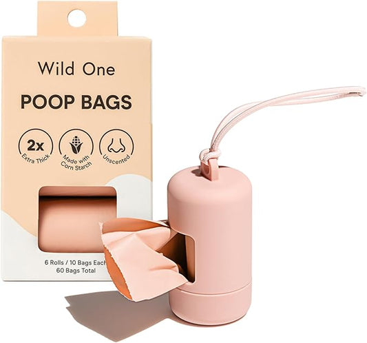 Wild One Dog Poop Bag Holder and Dispenser with Leash Attachment, Leak Proof, Easy Twist Top for Refills, Includes 1 Box Of Bags, Blush