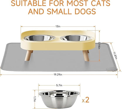 Elevated Cat Bowl with Food Mat, Raised Cat Food and Water Bowl Set for Indoor Cats, Splash Proof with 2 Stainless Steel Pet Food Bowls for Cat and Puppies,Whisker Fatigue and Dishwasher Safe (Yellow)