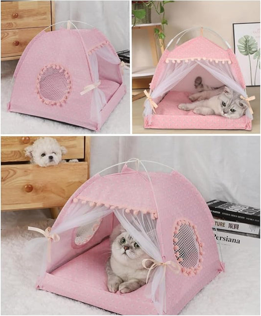 Selena Cat Bed Tents Dog House Indoor Outdoor Lace Mesh Breathable Windows Door Curtains Removable Portable Nest Teepe House (Large,Pink(Flower))