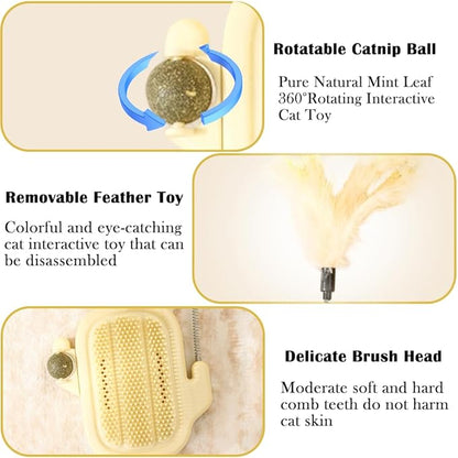 3-in-1 Cat Self Groomer Brush – Wall Corner Cat Scratch Pad with Catnip Ball & Feather Toy, Cactus-Style Wall Brush for Indoor Cats, Cats Massager & Face Scratchers for Fur Pets
