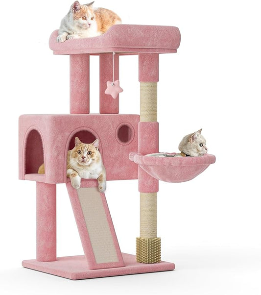 MoNiBloom 36 Inch Cat Tree Tower with Condo, Small Cat Tower with Scratching Post & Sisal-Covered Scratching Board, Climbing Tower with Hammock, for Indoor Cats, Soft Pink