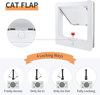 Large Cat Door for Interior Door (Outer Size 10.8"x9.25") 4-Way Locking Cat Door for Exterior Door White Cat Flap Up to 25lb