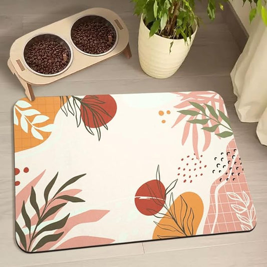 Dog Food Mats for Floors Waterproof, Pet Water Bowl Mats Pet Feeding Absorbent Placemats Bohemia Tropical Leaves 17 * 30 inch
