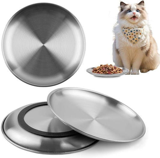 3 PCS Stainless Steel Cat Food Bowl Dish, 6.7" Shallow Flat Wide Cat Plates for Wet Food, Relief Whisker Fatigue, Removable Non-Slip Silicone Base, Replacement for Feeding Small Pet Kitten