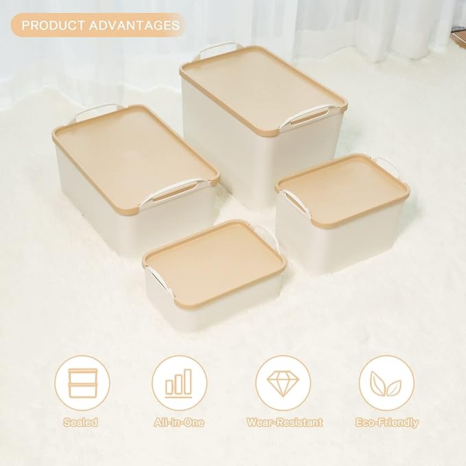 ANMINY 8PCS All-in-One Lidded Plastic Storage Bins Set White Desk Basket Box Drawer Organizer Kitchen Food Container with Handles Removable Lids Decorative Clothes Laundry Closet Cabinet Shelf Cube