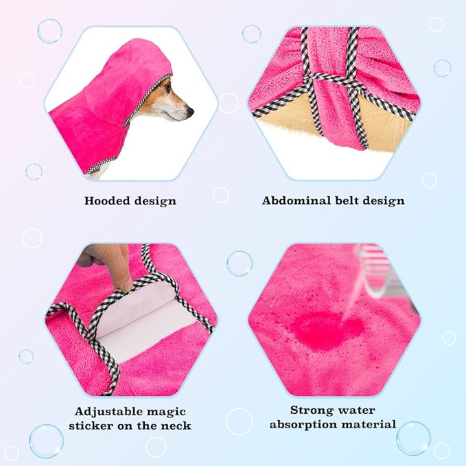 Dog Drying Coat - Dog Bathrobe Towel - Microfibre Fast Drying Super Absorbent Pet Bath Robe Towel (Rose red, Medium)